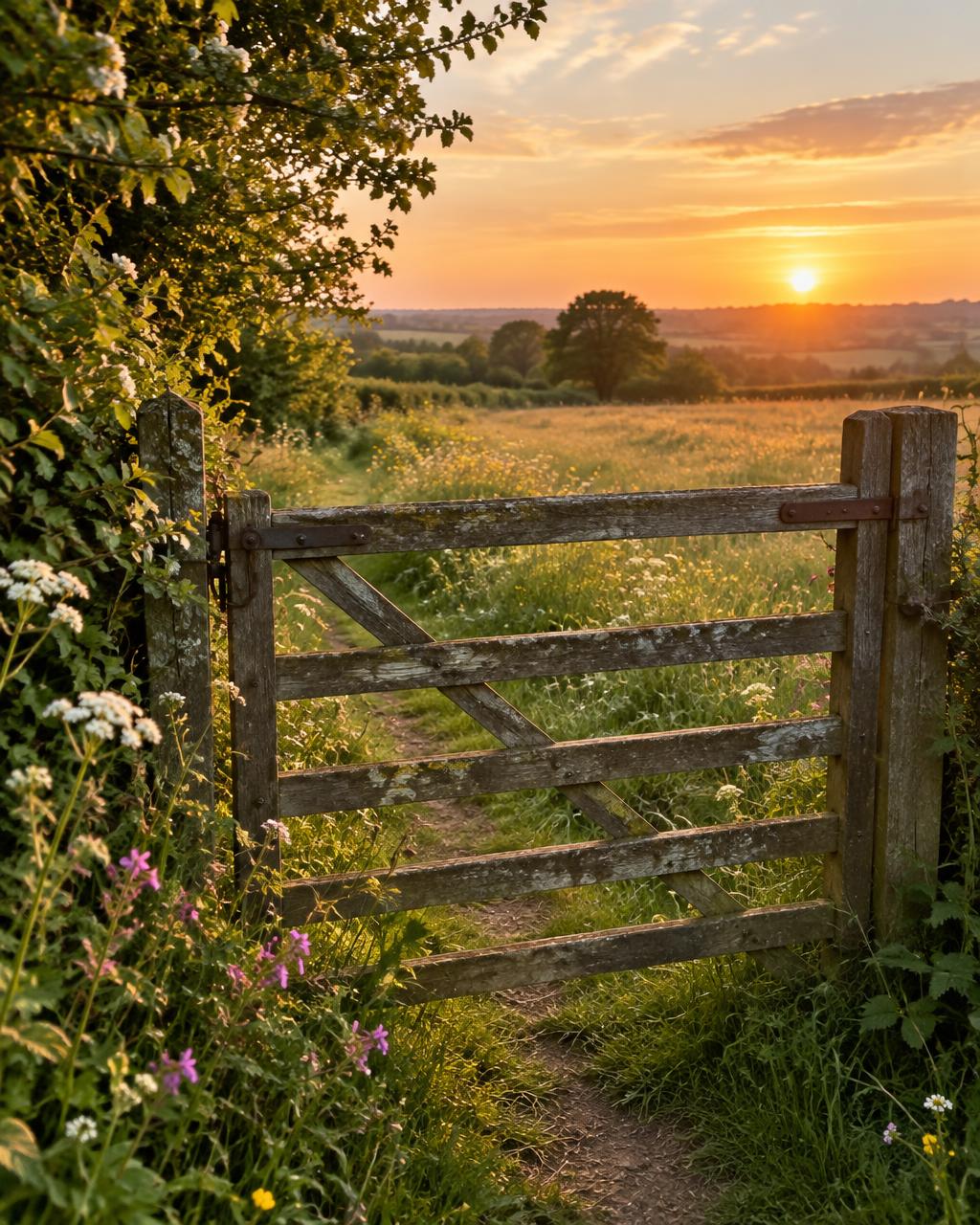 Illustrative wooden field gate on a countryside footpath at sunset